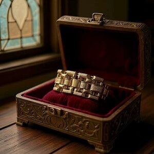 Gold tone geometric design w/smooth & textured design bracelet, hatch clasp 💛